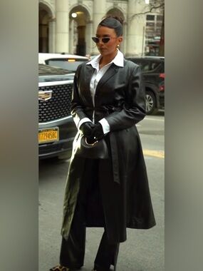 Wilson’s Blk Leather Double Breasted Belted Button Up Full Length Trench Coat M